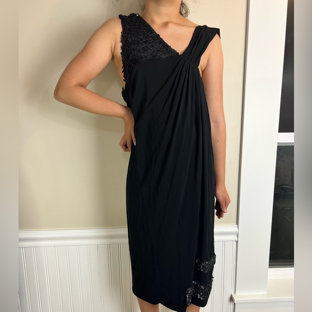 Yigal Azrouel Black One Shoulder Asymmetric Draped Cocktail Dress Petal Trim - Picture 2 of 13